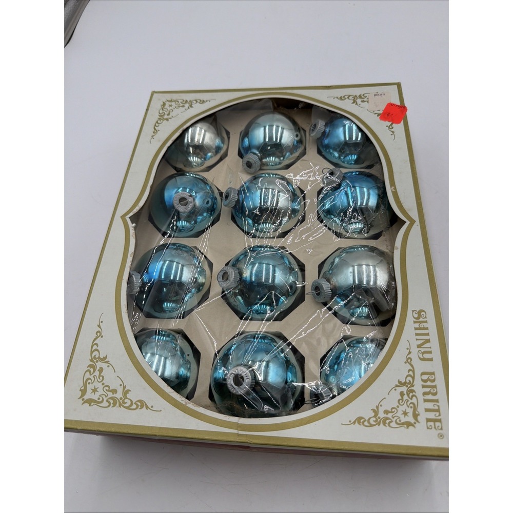 Vintage Box of 12 Shiny Brite Turquoise Glass Christmas Ornaments MADE IN USA
